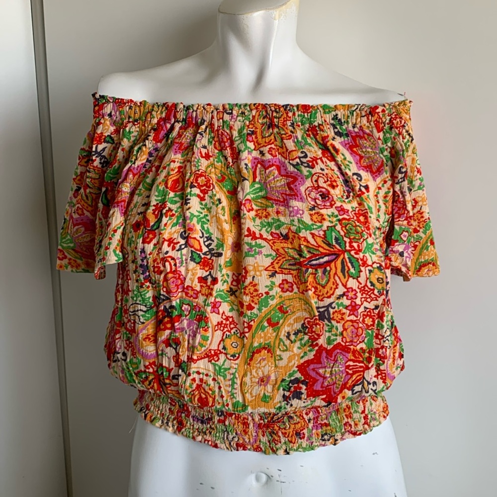 Cynthia Rowley small Off-The-Shoulder smocked crop top floral blouse